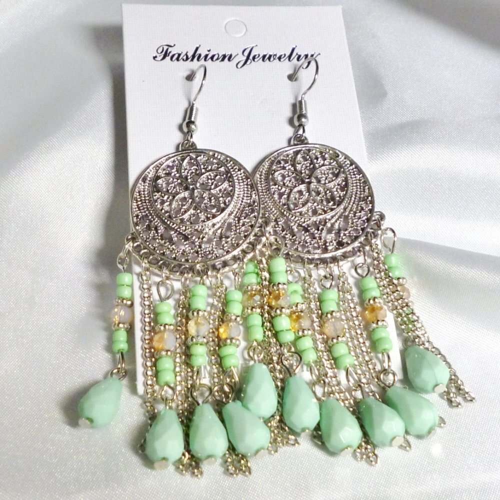 Aqua Light Green Silver Filigree Drop Earrings 3 5/8" Gypsy NWT Perfect M430